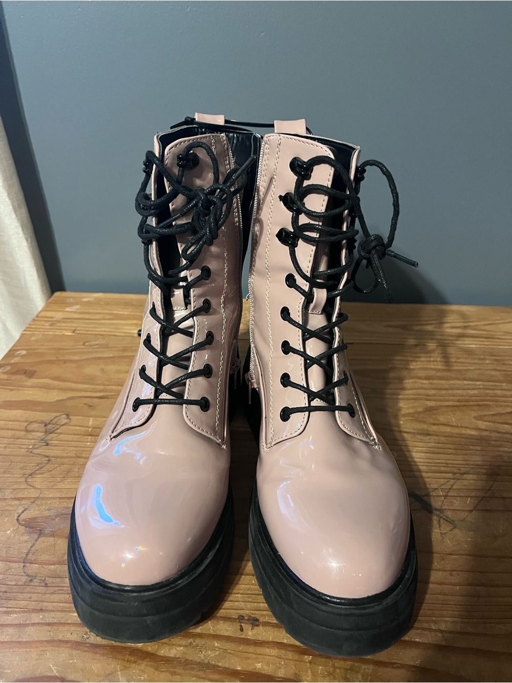 Call It Spring Blush Pink with metallic shine Patent Lace-Up Platform Boots